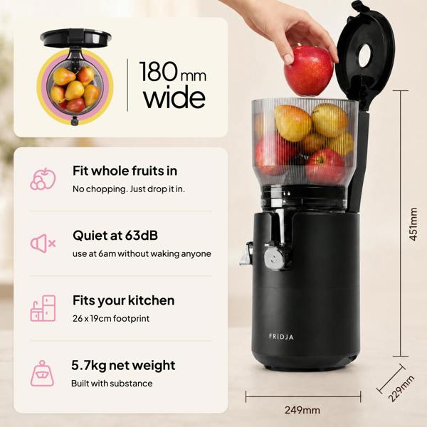 The Fridja f2800 Open Whole Fruit Juicer features a 180mm self-feeding hopper that fits whole apples, a transparent container, quiet operation, compact design, and weighs just 5.7kg—ideal for juicing whole fruits with ease.
