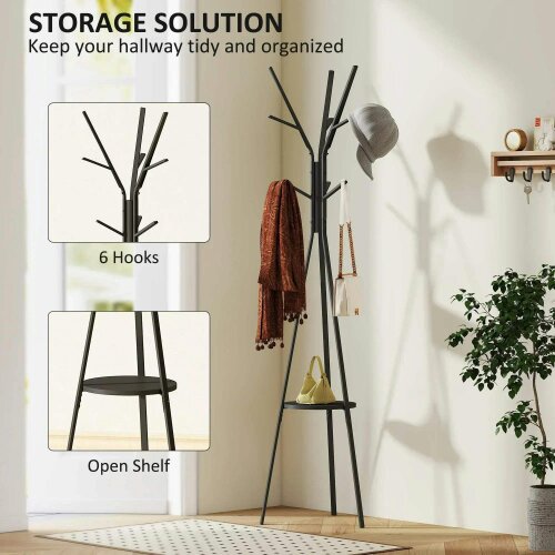 Bobobiy Freestanding Metal Coat Rack Stand 9 Hooks Clothes Tree with 1 Shelf Hat Display Hall Tree Hanger Bag Umbrella Hanging Organiser Black
