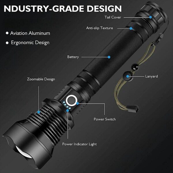 Havendro Super Bright Powerful LED Flashlight Torch P90 Light Chip Rechargeable Zoomable