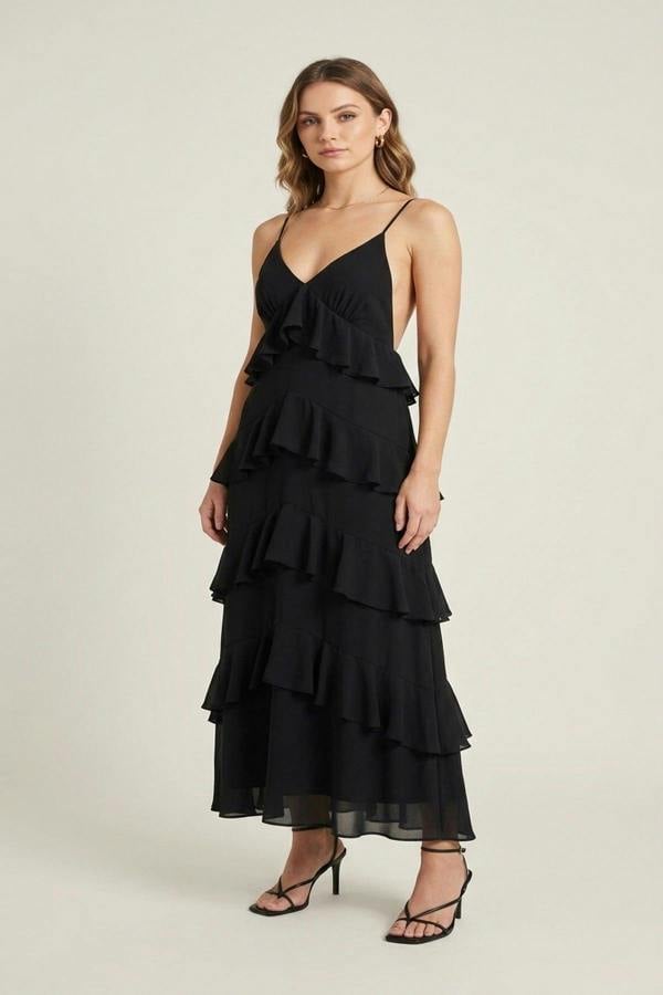 Gracie V-neck Tiered Ruffle Backless Maxi Dress - Black
