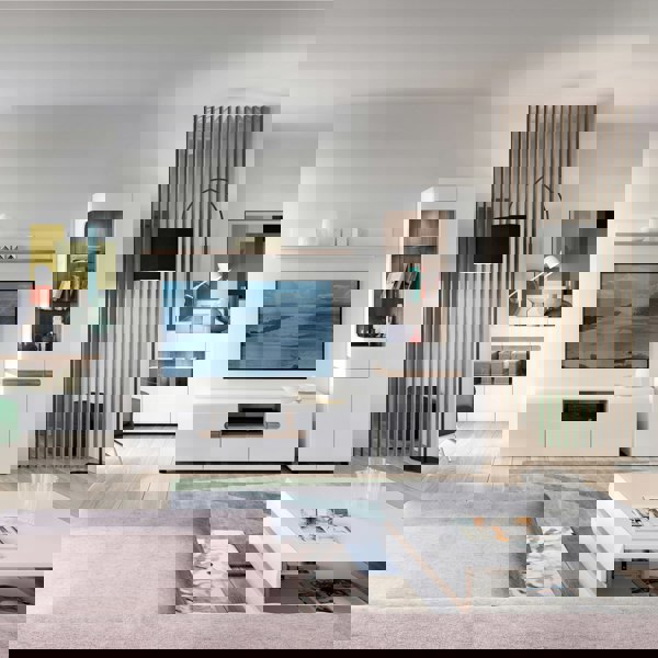 Furniture To Go Chelsea Tall Glazed Narrow Display unit (RHD) in White with Oak Trim