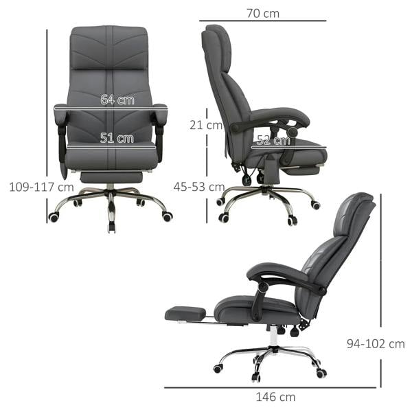 Grey reclining office chair with footrest and high back, measured design