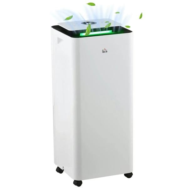 White portable dehumidifier with air purifier; black top vent and front grille