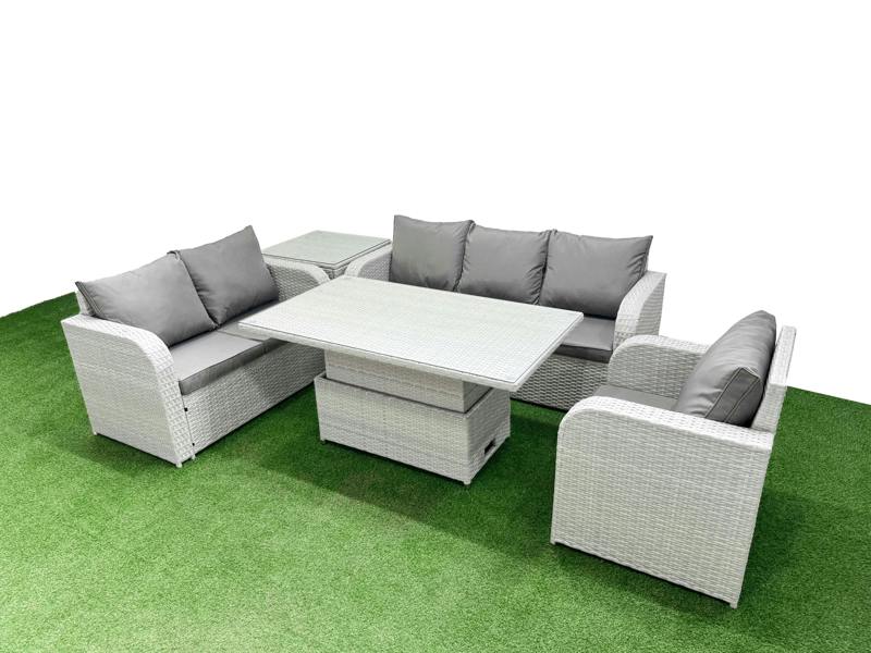 Fimous 6 Seater Outdoor Rattan Set, Garden Furniture, Adj Height Table, Reclining Chair, Loveseat, 3 Seater Sofa and Side Table, Light Grey