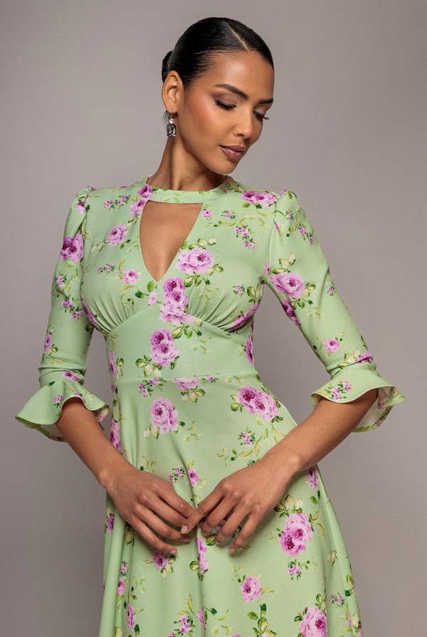 Floral Printed Flared Sleeve Midi - Sage Green DR4345