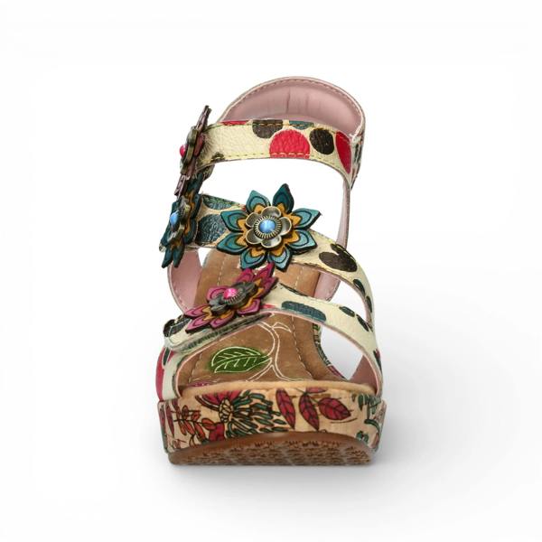 Laura Vita Nellao 33 - Women's Beige Floral Leather Wedge Sandals