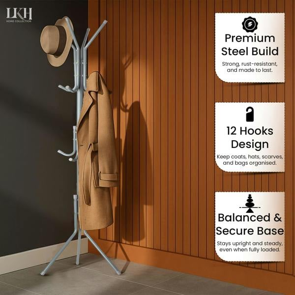 LKH HOME COLLECTION LKH Coat Rack Stand 170cm Steel Hat Stand Coat Stands with 12 Hooks–Clothes Hanger-Jackets,Hats,Scarves,Bags&Non-Slip Feet