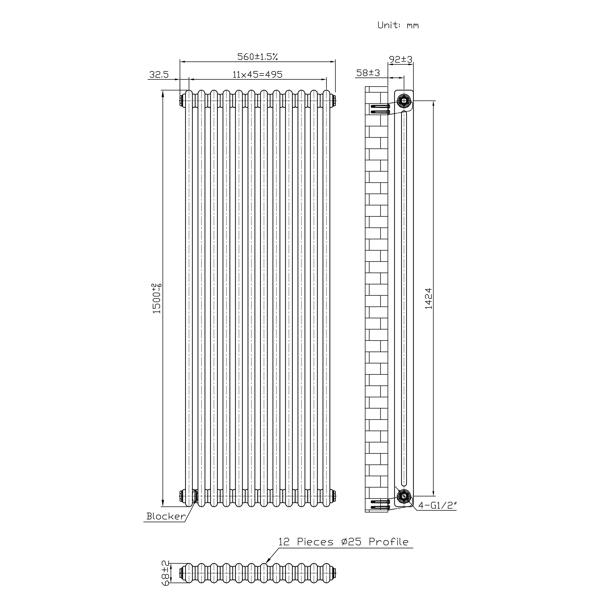Monstershop Traditional 2 Column Radiator - 1500 x 560mm - Raw Metal