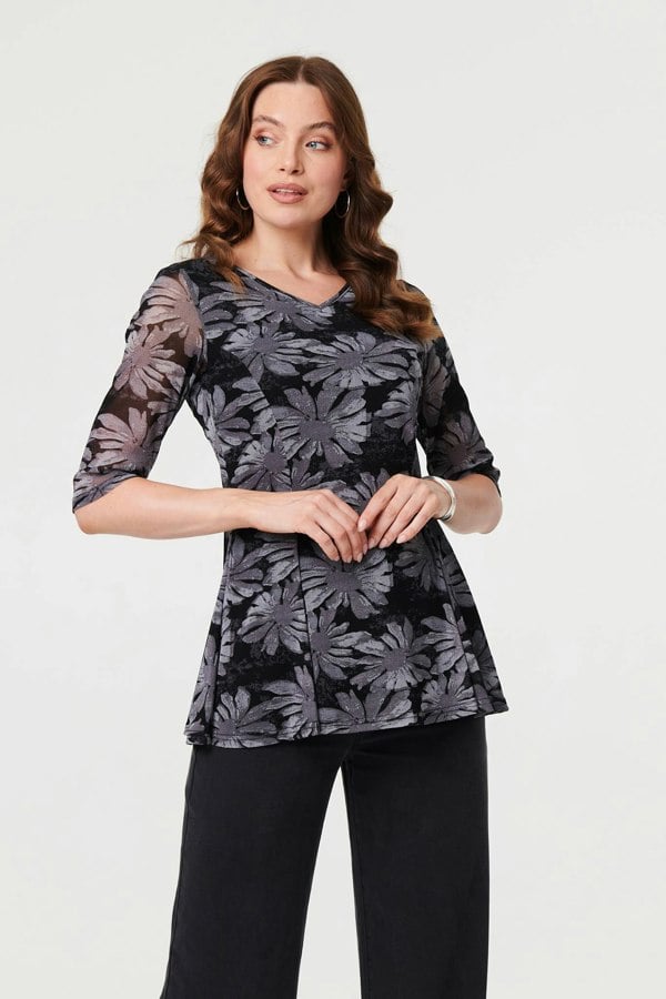 Black | Floral Relaxed Semi Sheer Peplum Blouse
