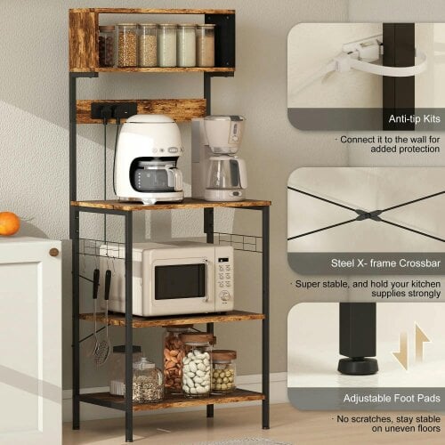 Bobobiy Bakers Rack with Power Outlet, Microwave Stand with Adjustable Shelves, 5 Hooks for Small Spaces, Rustic Brown