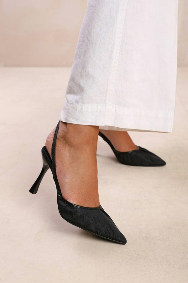 Where's That From Maldives Wide Fit Pointed Toe Heels With Strap in Black Satin