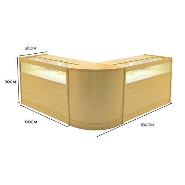 Maple Iris LED shop counter set featuring a sleek, modern design with curved edges, measuring 60cm high and 180cm wide