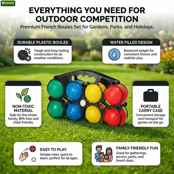 My Garden Outdoor Living French Boules Set 8x Plastic Bocce Balls, 1x Jack & 1x Carry Case - Water Filled Petanque Boules Set for Garden Game, Beach
