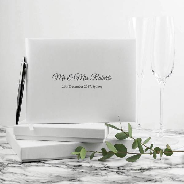 Engraved White Leather Wedding Guest Book - close-up detail