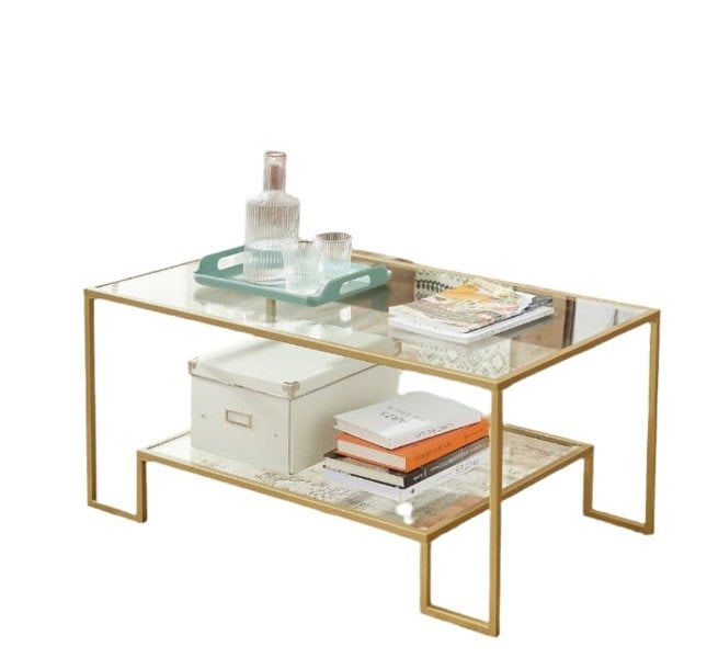 Modcraft Modern Glass Coffee Table with Storage – Gold Steel Frame, Tempered Glass Shelves