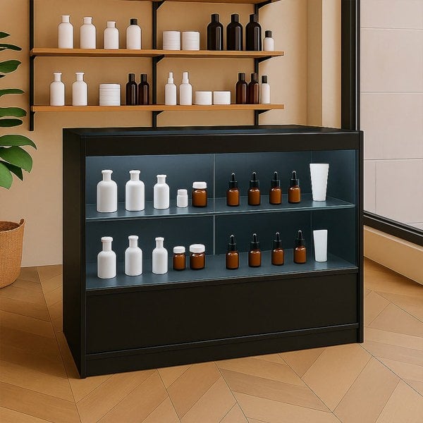 Sleek black LED retail shop counter C1200 with glass shelves displaying various bottles and containers in a modern setting