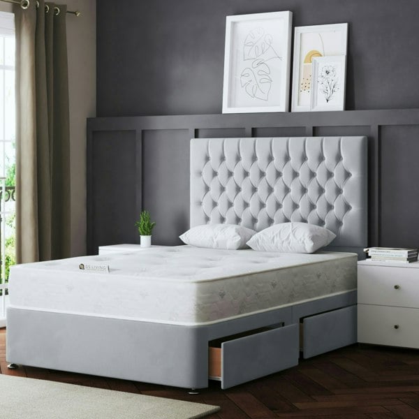 DS Living Seraphine Divan Bed with Upholstered Headboard - Two Drawers - Silver - Small Double