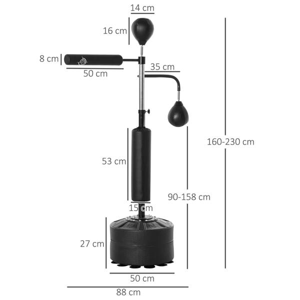 Black freestanding punching bag stand with speed balls, shown with size dimensions