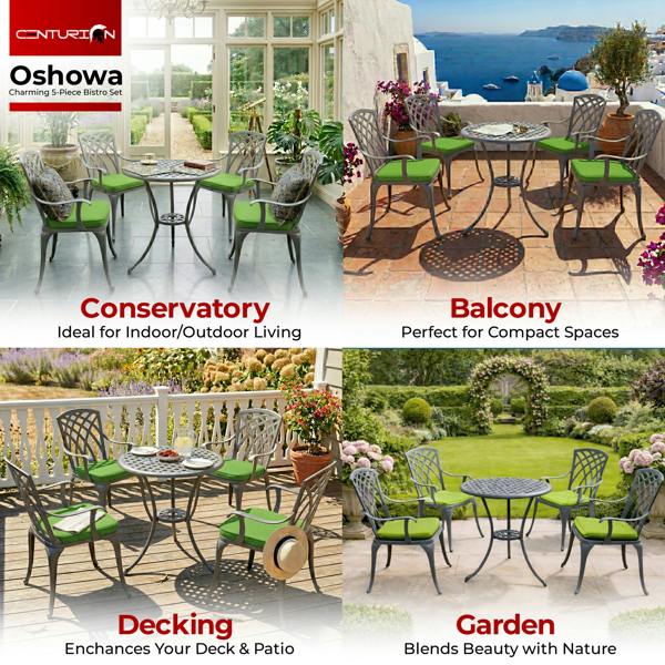 Homeology OSHOWA Luxurious Garden and Patio Table and 4 Large Chairs with Armrests Cast Aluminium Bistro Set - Grey with Green Cushions