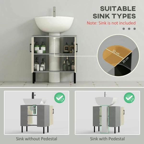 Bathroom sink storage cabinet with two doors, open interior shelves for under-mount sink use.