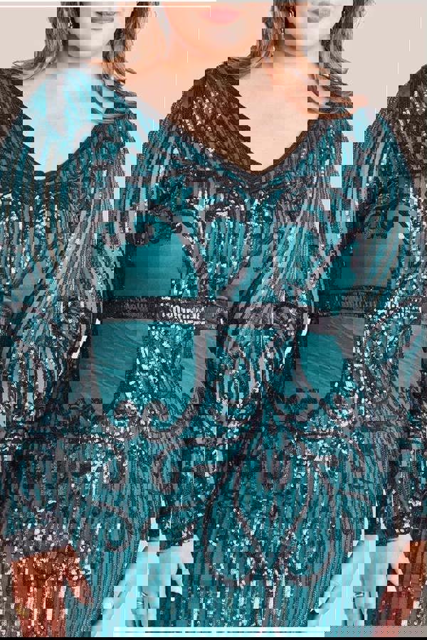 Sequin Mesh V Neck Midi Dress - Emerald DR3234P