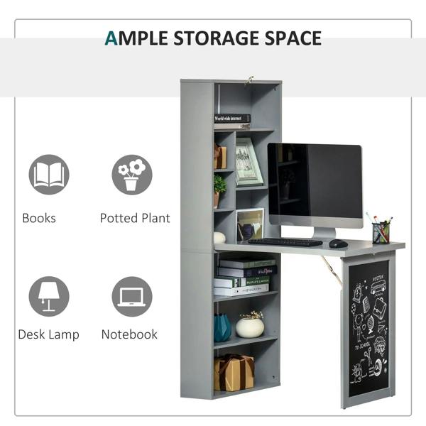 Grey folding convertible desk showing side shelves and chalkboard panel for storage