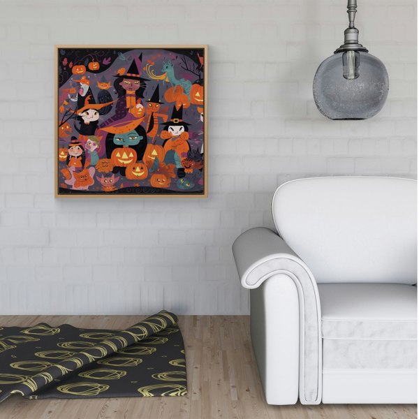 Warren Reed A Vibrant Illustration Of Witches And Pumpkin Framed Canvas