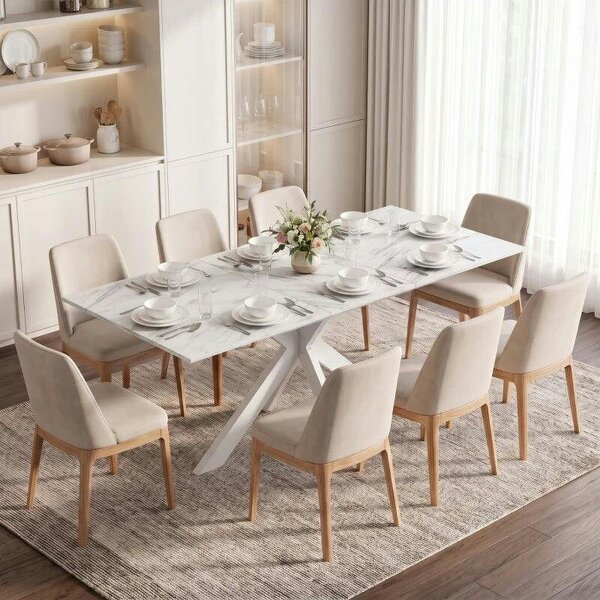 Extendable Dining Table Steel Cross Legs Steel Rails Space Saving White