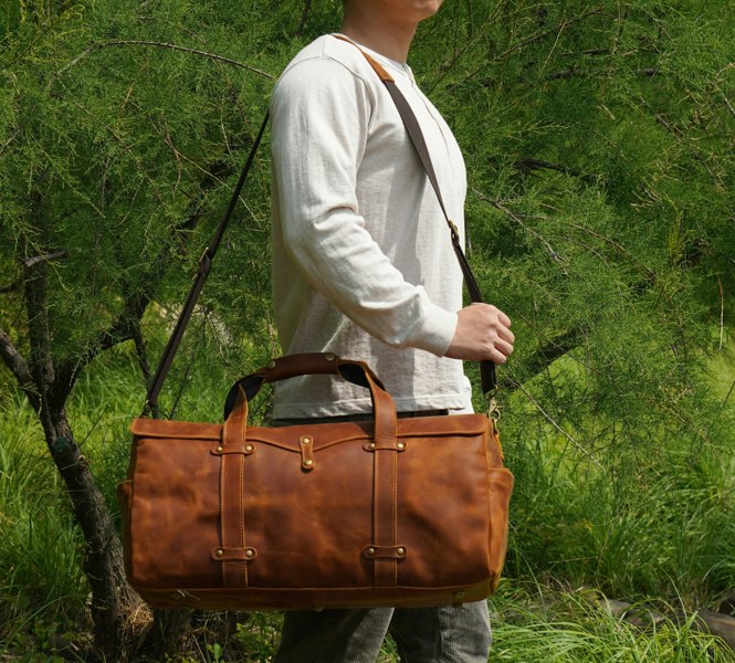 Touribag Stitched Detail Genuine Leather Holdall - Brown