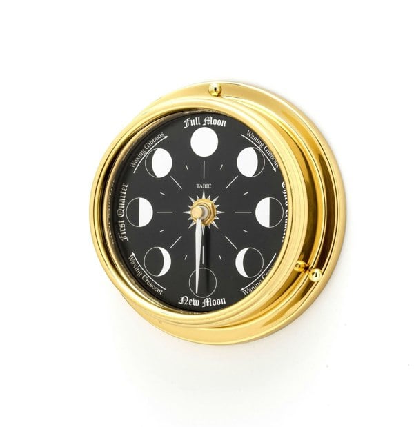 Tabic Handmade Prestige Moon Phase Clock in Solid Brass With A Jet Black Dial