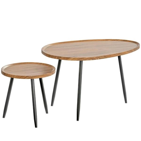 Nesting coffee table set of 2 with oval chestnut wood-effect tops and black metal legs