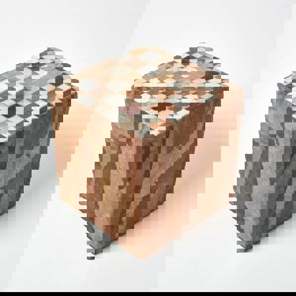 HOMESCAPES Brown Patchwork Check Cube Pouffe Leather and Suede - 36 x 36 x 38 cm