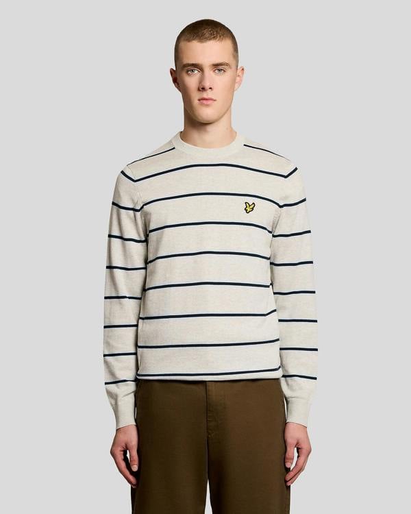 Lyle & Scott Cotton Striped Mens Crew Neck Jumper - D24 Light Grey Marl