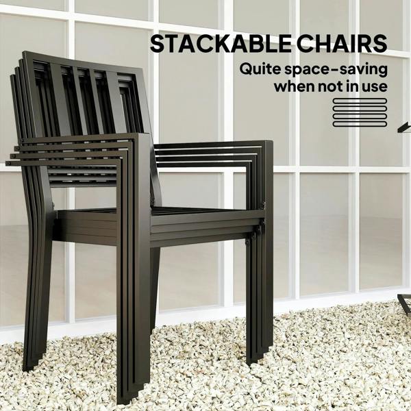 Black stackable metal dining chair; nested design for space-saving storage