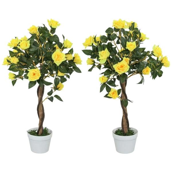 Set of 2 artificial rose plants with yellow blooms in white pots, green leaves
