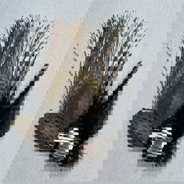 Peacock feather fascinator hair clip, natural peacock feathers with eye pattern, gold tone setting, sparkling crystal embellishment, vintage inspired design, versatile accessory worn as hair clip or brooch, elegant statement piece, unique gift for her
