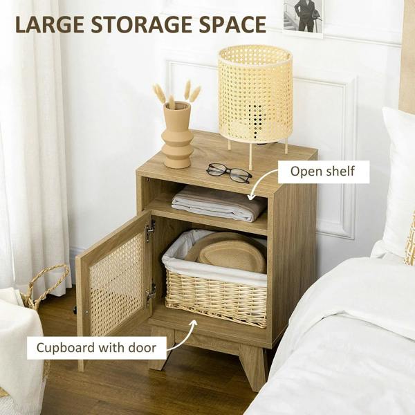 Narrow rattan nightstand with open shelf and lower cupboard with rattan door, natural wood