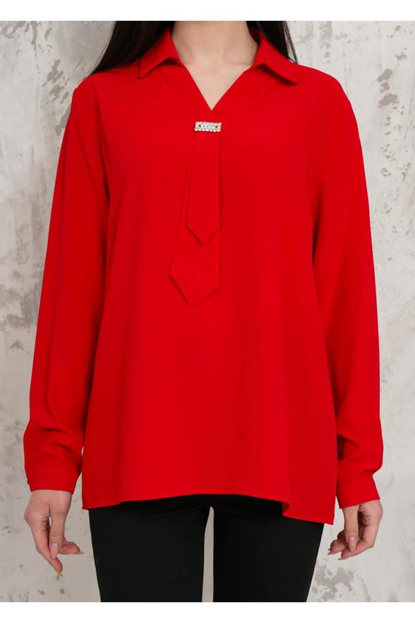 Hoxton Gal Relaxed Fit Long Sleeve Blouse with Tie Detail in Red