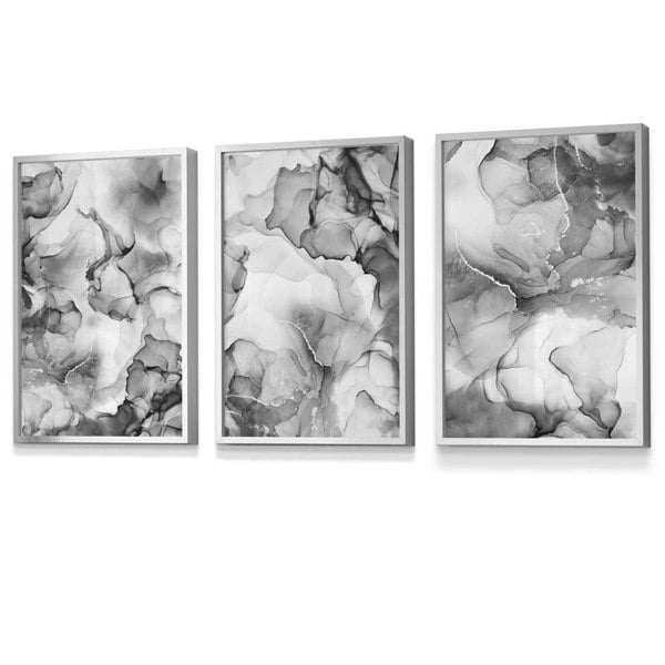 Artze Wall Art Abstract Floral Fluid in Grey Set of 3 Wall Art Prints | Framed