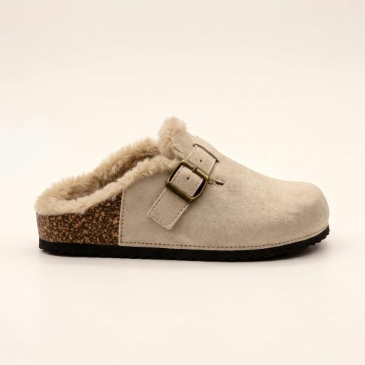 Love Lemonade Sadie Faux Suede Fur Lined Buckle Clog Sliders Nude