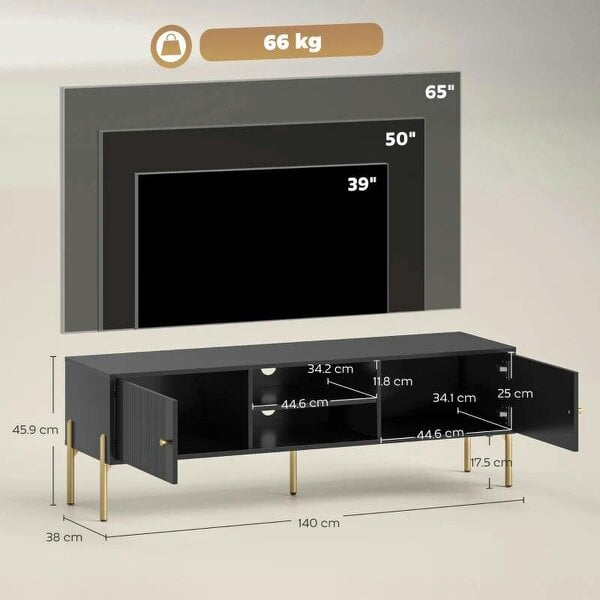 TV Stand for TVs up to 65", Entertainment Center with 2 Open Shelves, 2 Cabinets and Steel Legs for Living Room, Black