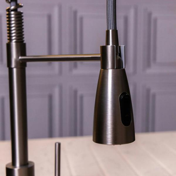 Flode Fjädra | Pull Out Kitchen Sink Mixer Tap | Spring Style Mixer Tap | Brushed Steel | Oval Head