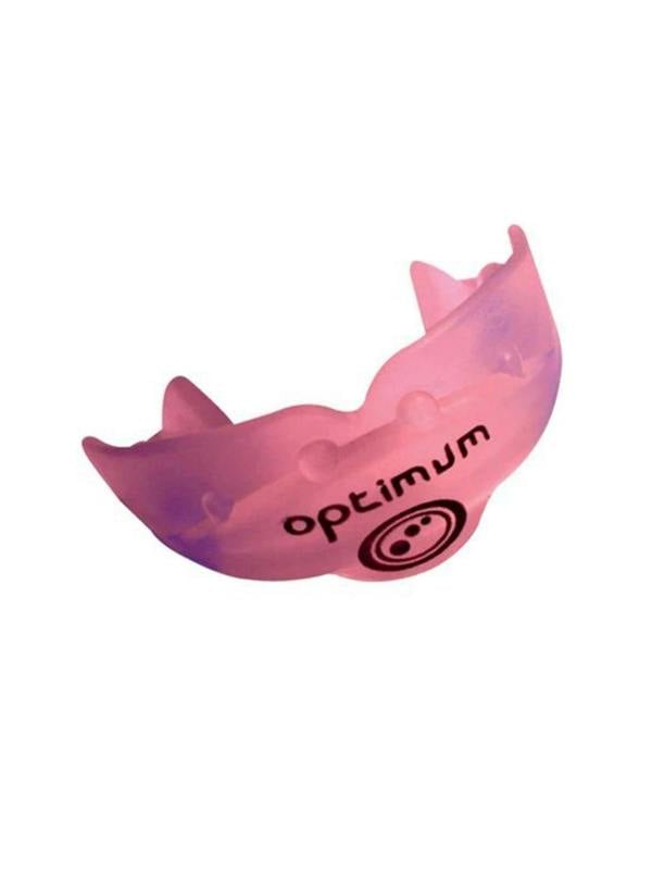 Pink translucent Optimum Matrix mouthguard with black logo, moulded U-shape on white - Optimum