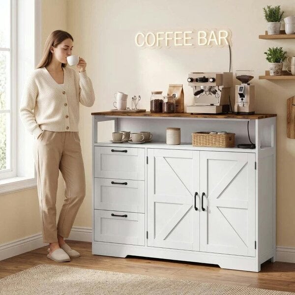Sideboard Cabinet with Power Outlet, Farmhouse Kitchen Cabinet with 3 Drawers and Open Shelf, White