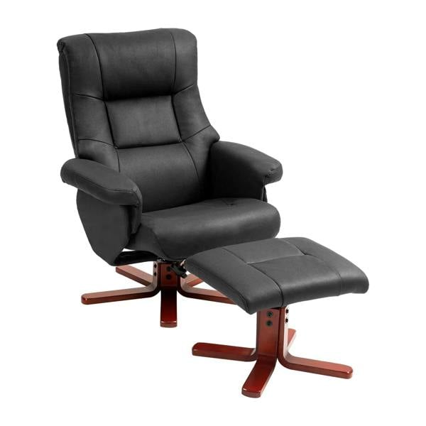 Black faux leather manual recliner with matching ottoman footstool, cushioned padded arms