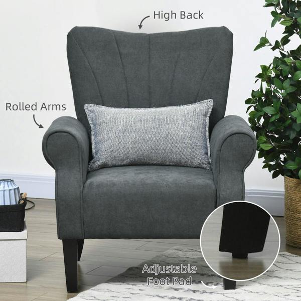 Grey accent chair with high back and rolled arms, adjustable foot pad
