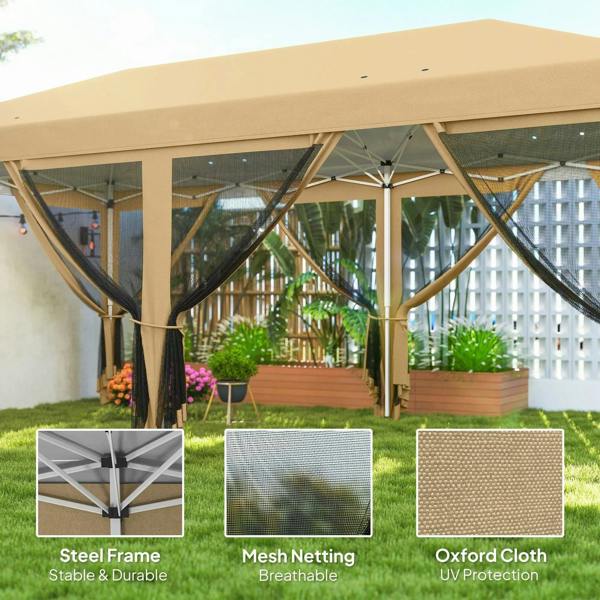 Beige gazebo with transparent mesh sidewalls and wooden frame under the canopy.