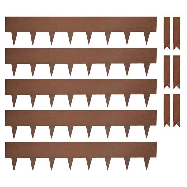 Set of rust-coloured 20cm high metal strips with spikes and clips on a white background