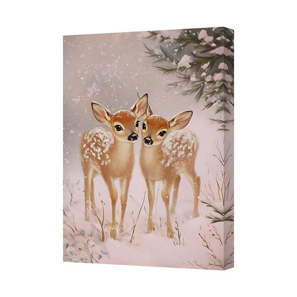 Benjamin Tate Design Winter Two Fawns Canvas Wall Art Print With Snowy Forest Scene