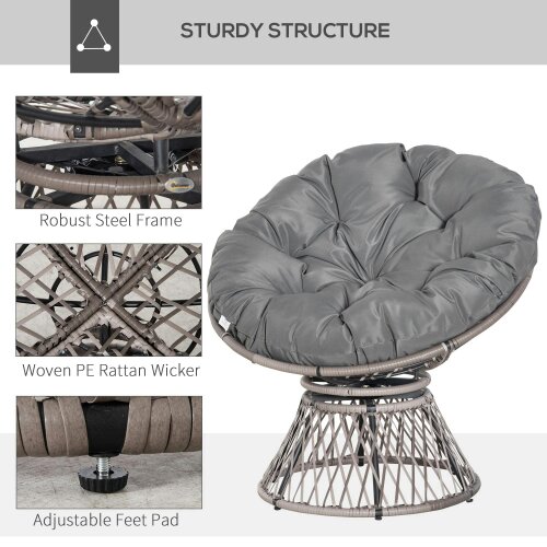 Wyld Haus Rarare Grey Rattan Swivel Papasan Style Moon Chair With Oversized Cushion